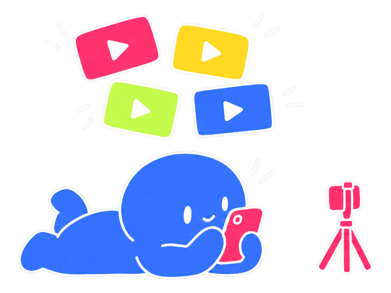 A doodle character lying down scrolling a phone while glowing video tiles float above it and a tripod stands unused.