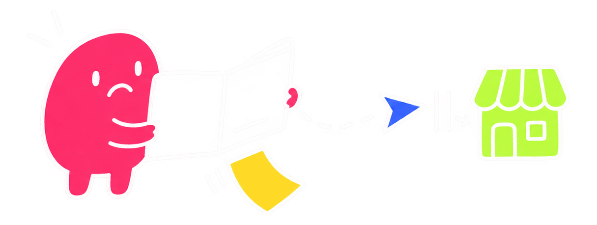 A doodle character holding a laptop while a page and a paper plane travel across to a shopfront.
